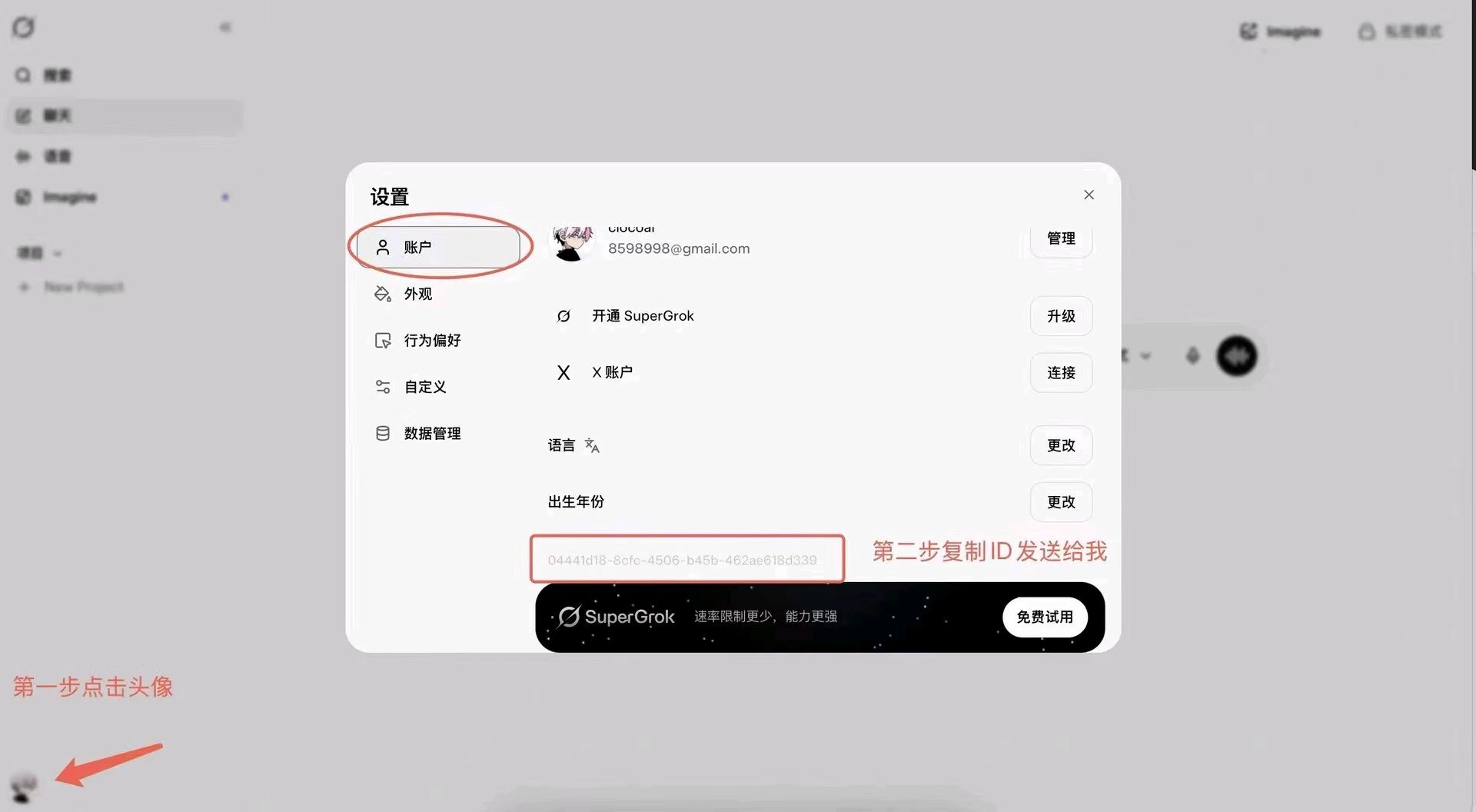 Grok 账户 ID 获取位置示意图